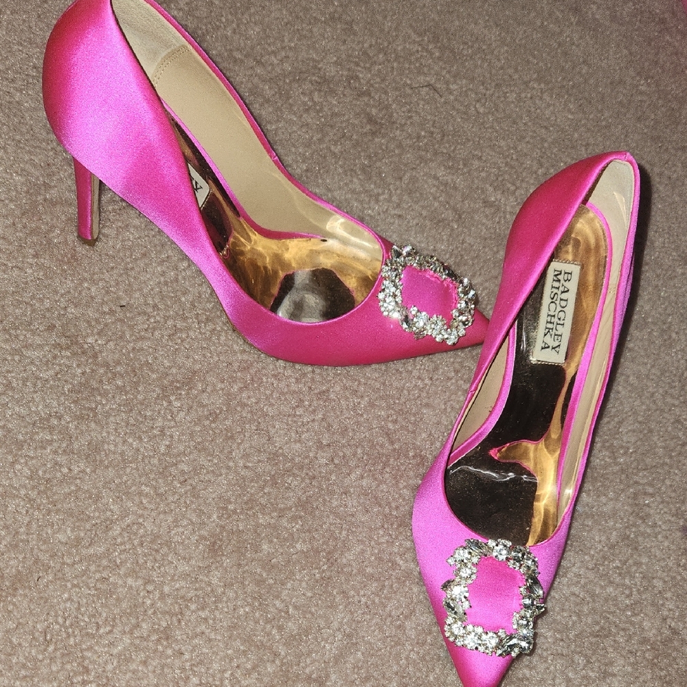 Badgley Mischka Fuchsia Satin Heels with Sparkling Buckle